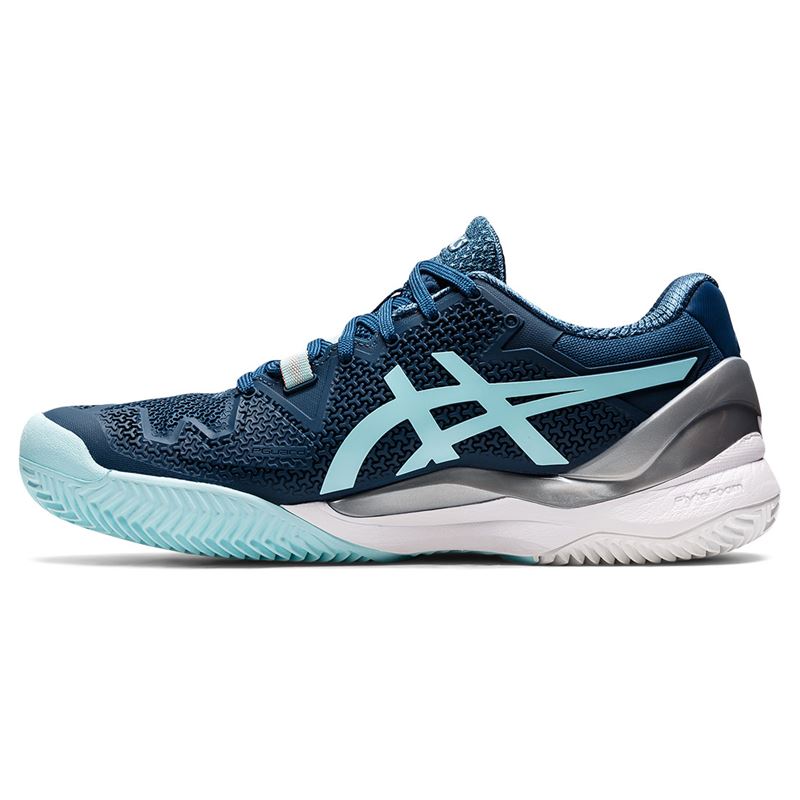 Asics Women`s GEL-Resolution 8 CLAY Tennis Shoes Light Indigo and Clear Blue