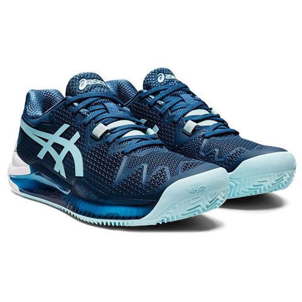 Asics Women`s GEL-Resolution 8 CLAY Tennis Shoes Light Indigo and Clear Blue